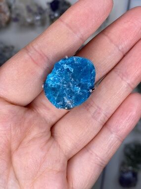 Raw Blue Apatite Ring • Neon Teal Crystal • Natural Stone Statement